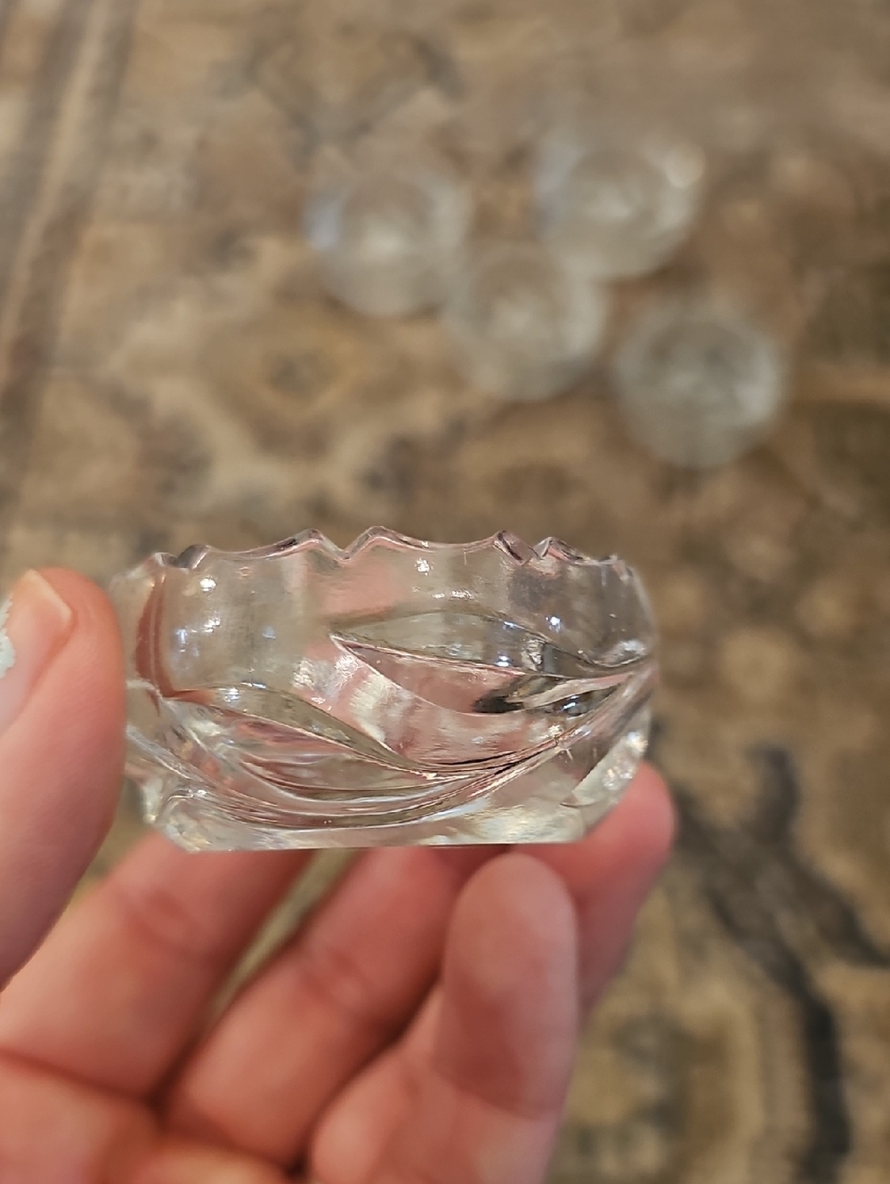 SALE! Set of 5 Glass Open Salt Cellars, Etched Floral And Sawtooth Rim - Picture 6 of 16